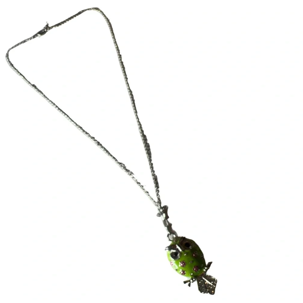 Owl Pendant Necklace in Green Pink Enamel with Clear Rhinestones Silver Tone
